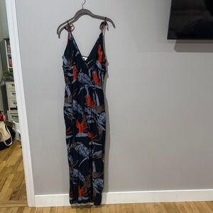 Women's Navy Tropical Print Jumpsuit with Tie Straps